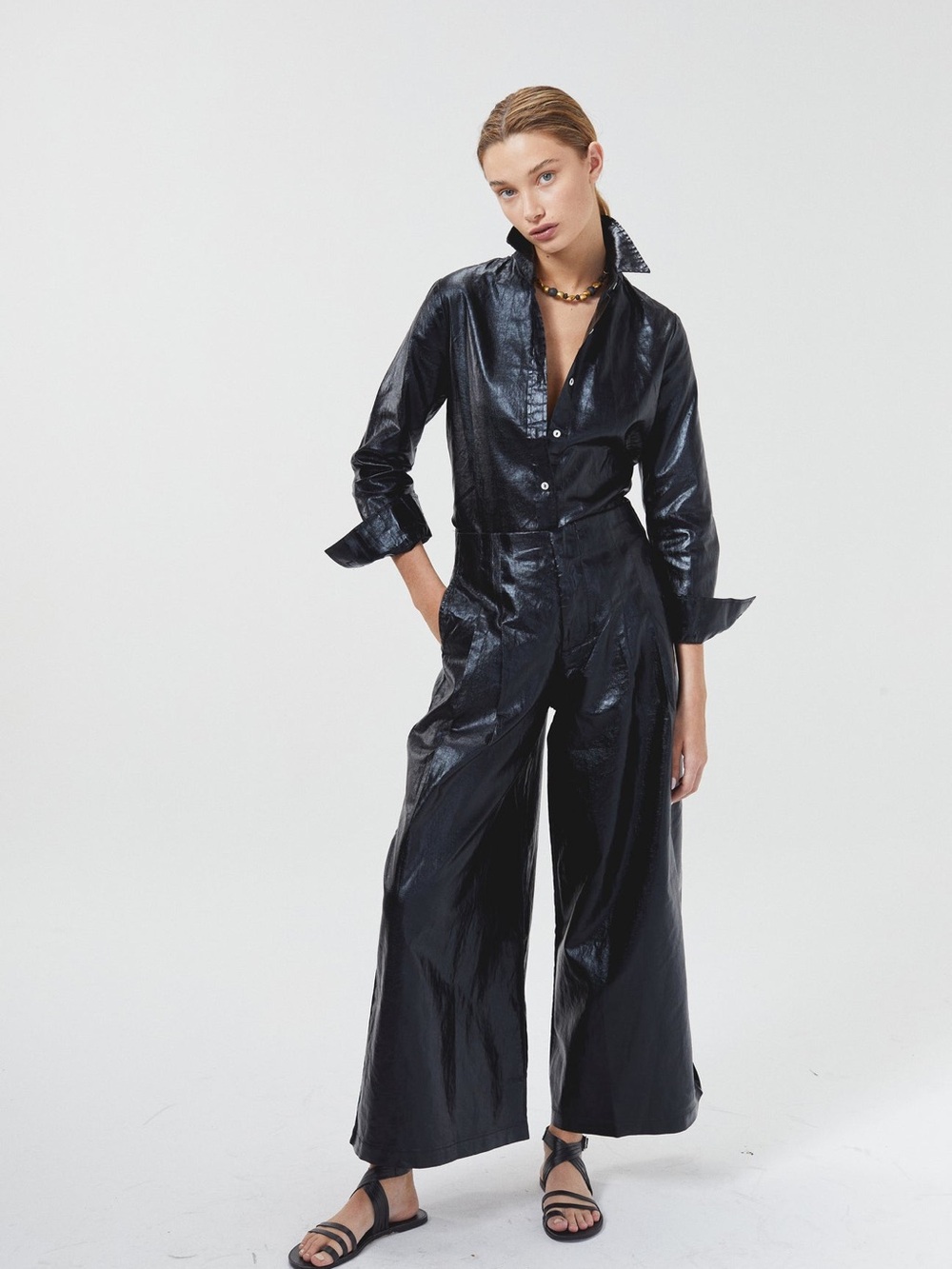 LANHTROPY CULOTTE METALLIC LINEN PANTS - BLACK